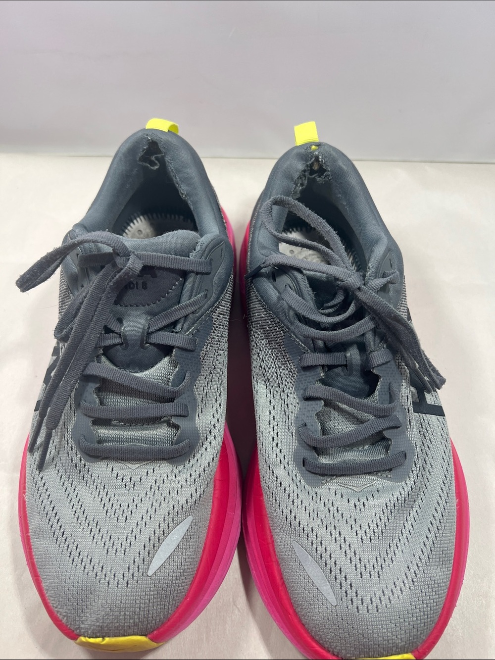 Hoka Women's Gray and Pink Athletic Running Shoes with Yellow Accents Bondi 8